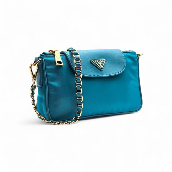 Prada Nylon and Leather Chain Shoulder Bag in Turquoise Blue - New $2250 - Picture 4 of 9
